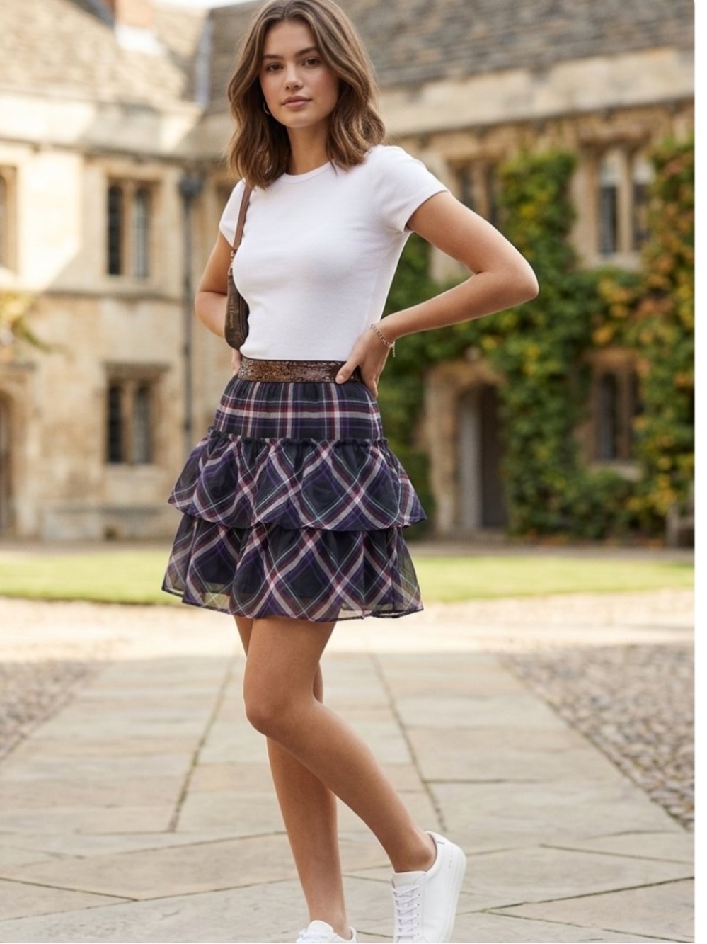 Ralph Lauren Tartan Plaid Ruffle Tiered Mini Skirt in Navy Purple 16 JUNIOR